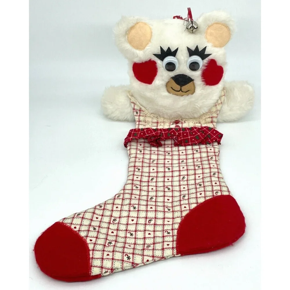 Vintage Christmas Stocking Bear Plush Googly Eyes 22
